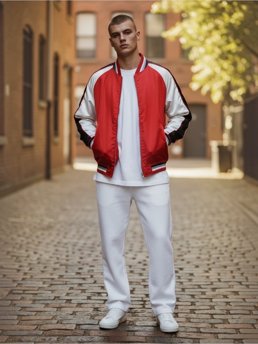 Zara Men’s Satin Red White Black Varsity Colorblock Zip Up Bomber Jacket Medium